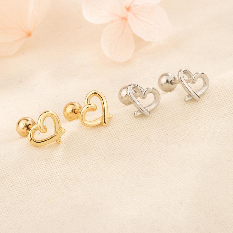 S925 Silver Sweet Hollow Heart Screw Back Earrings For Women Minimalist Small Cartilage Studs Sleep Friendly
