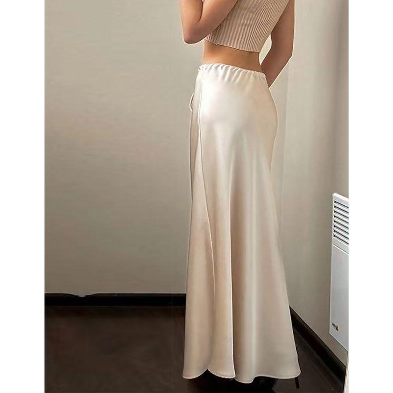 Solid Color Skirt European and American Sheath Summer Satin Long dress High Waist Drawstring Lace-up Solid Skirt