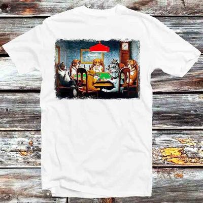 230 Gsm 100% Cotton Poker Party Golden Pug Buldog Dogs Playing Poker T Shirt Vintage Retro Gift Unisex Cartoon Anime Top Tee B1392