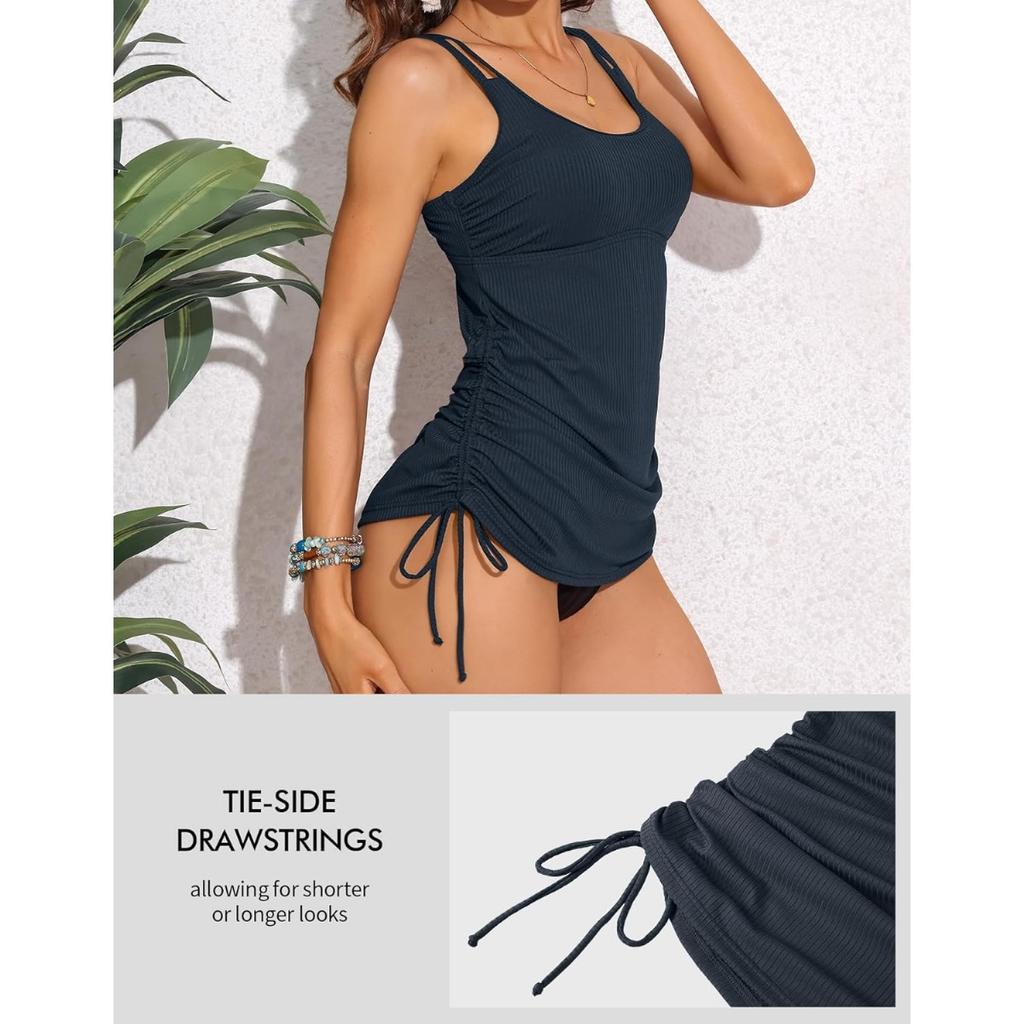 CHARMLEAKS Women's Tankini Top Tie-Side Drawstrings Bathing Suit Top Ribbed Fabric Tummy Control Sporty Swimsuit Top