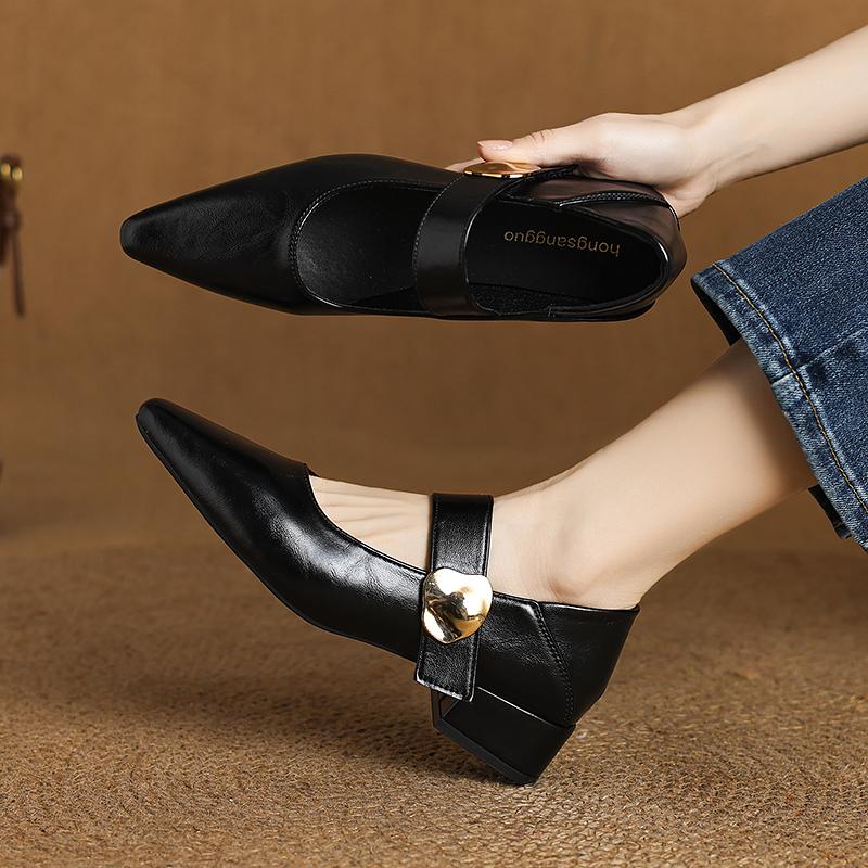 Women's Thick Heel Shoes Autumn New Pointed Head Shallow Mouth Metal Buckle Soft Sole Non-slip Low Top Shoes