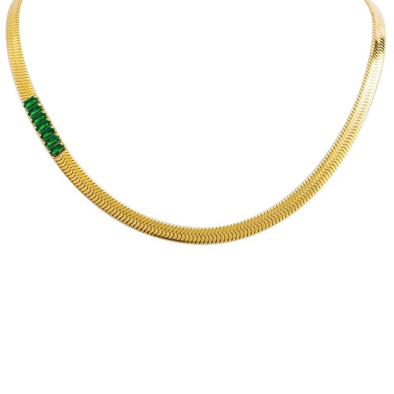 Popular Temperament Sweater Chain Boy Girl Stainless Steel Gold Green Zircon Necklaces for Daily