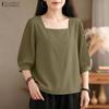 ZANZEA Women Square Collar Solid Color Loose Casual 3/4 Sleeve Blouse