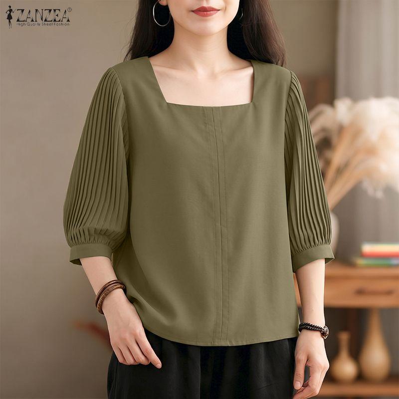 ZANZEA Women Square Collar Solid Color Loose Casual 3/4 Sleeve Blouse
