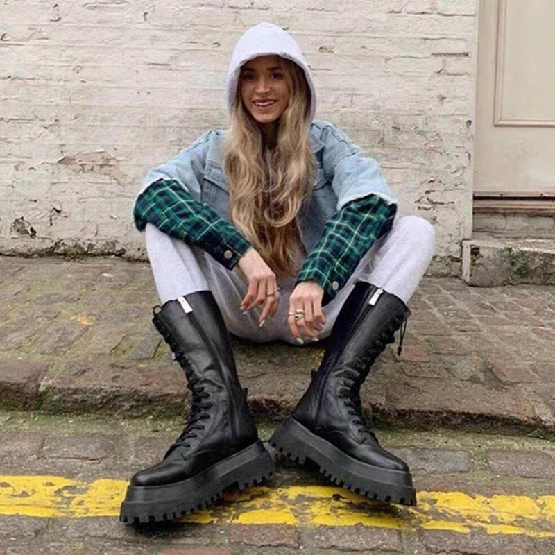 Fashion 2025 Fashion Chunky Platform Motorcycle Boots Women Autumn Winter Pu Leather Knee High Boots Woman Punk Thick Bottom Long Botas