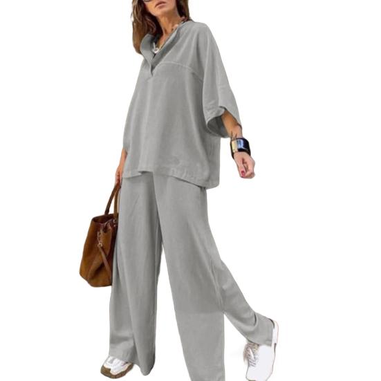 Women's Two-Piece Outfit Oversized 3/4 Sleeve Pullover Top And Wide Leg Pants Set Fall Casual Loose Lounge Set