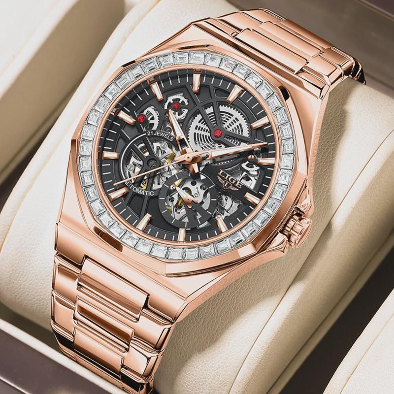 

Luxury Rose Gold Waterproof Watches Men Casual Fashion Business Watch Men Luminous Automatic Mechanical Wristwatch рожевий колір золота/чорний