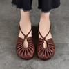 Johnature Genuine Leather Round Toe Soft Soled Flat Sandals Retro Pleated Women's Shoes