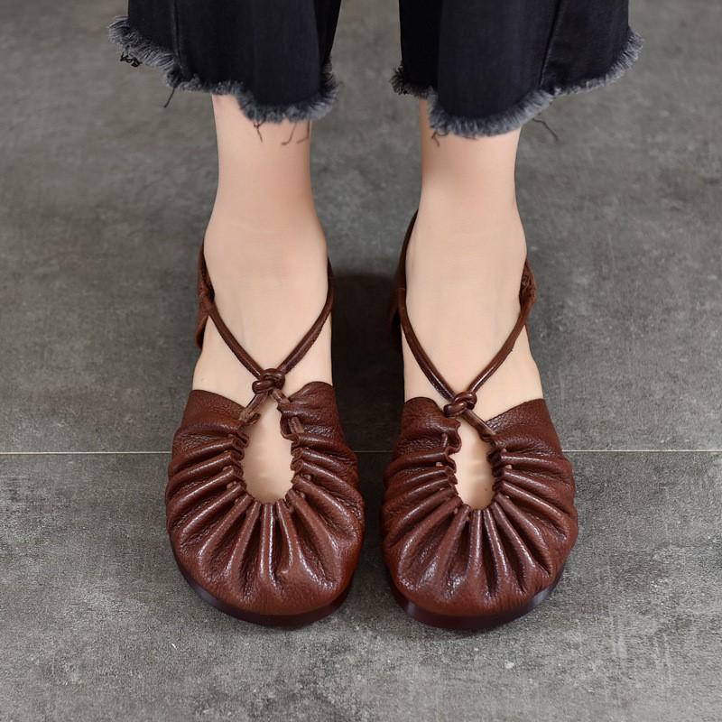 Johnature Genuine Leather Round Toe Soft Soled Flat Sandals Retro Pleated Women's Shoes