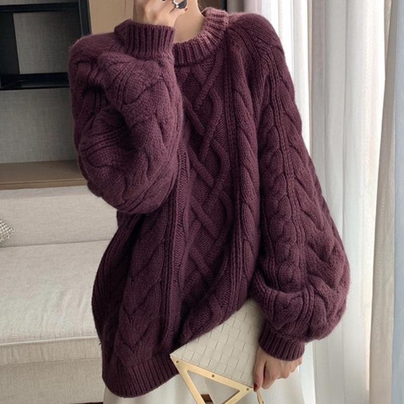 

GMXIA Осень-зима Толстый свитер женский свободный ленивый стиль О-образный вырез утолщенный перекрученный трикотажный свитер One size фиолетовый
