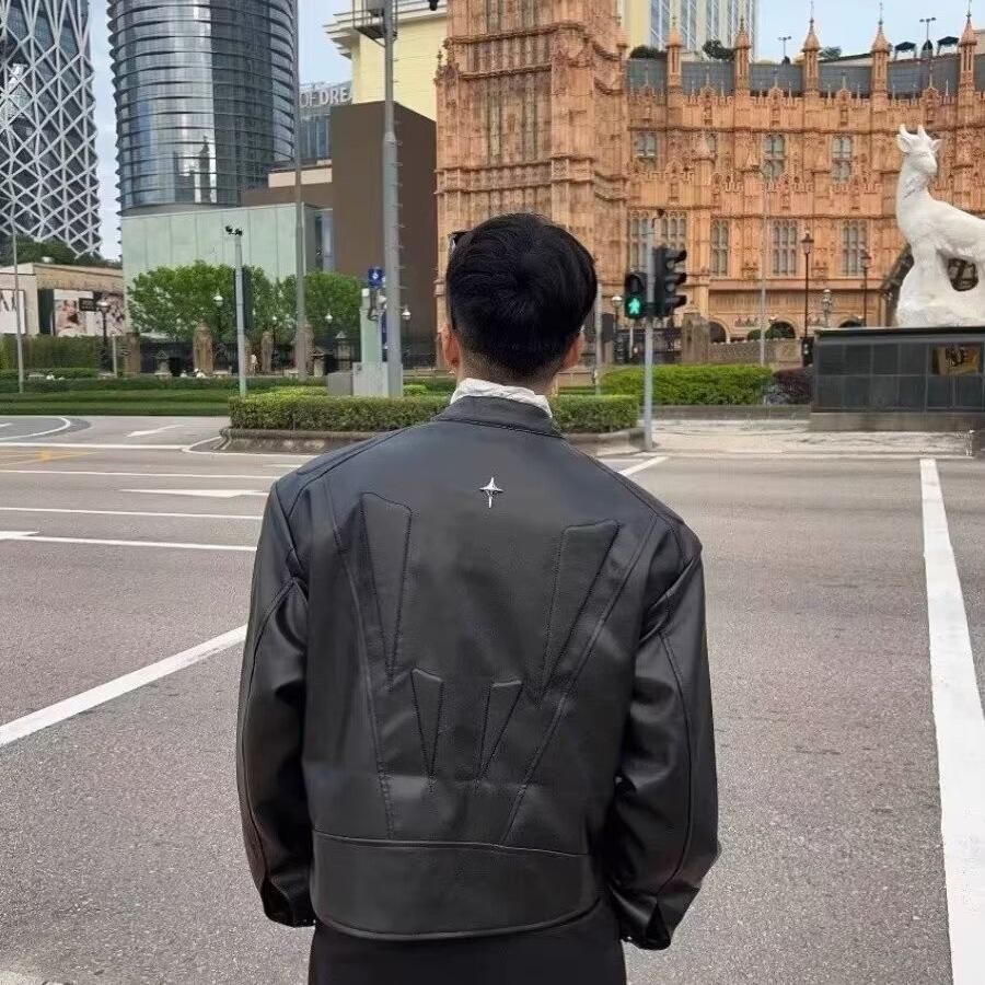 Men's High-Street Deconstructed Leather Jacket with Shoulder Pads - Cool Autumn Motorcycle Design