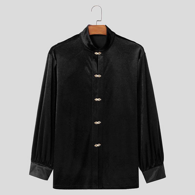 

INCERUN Весенние мужские рубашки с воротником-стойкой и длинным рукавом из бархата и пуговиц 5XL чёрный