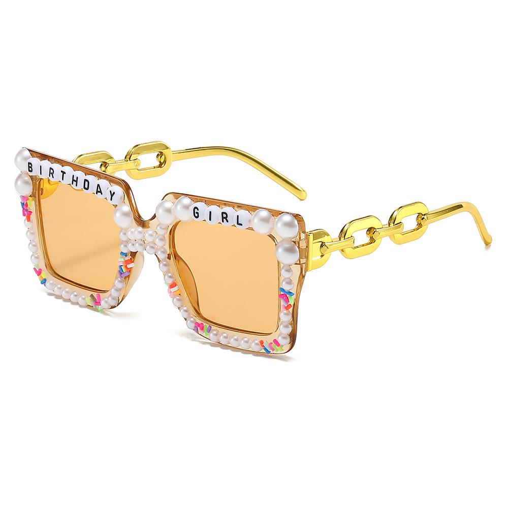 New Square Pearl Sunglasses, European and American Personalized DIY Handmade Diamond-encrusted Chain Large-frame Sunglasses