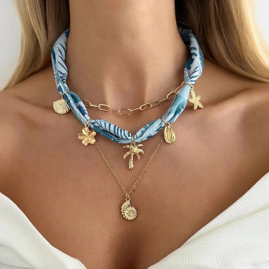 IngeSight.Z 3Pcs/Set Boho Scarf Ribbon Choker Necklace Trend Cross Sun Flower Starfish Conch Coconut Tree Pendant Neck Jewelry