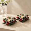Winter Wedding Table Accents Christmas Candle Ring Wreath, Artificial Pine Wreath with Red Berries Greenery Decor White Flowers, Holiday Centerpiece