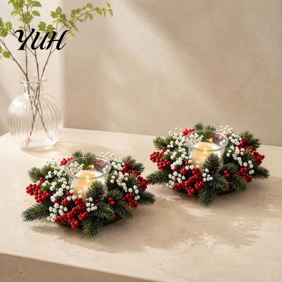 Winter Wedding Table Accents Christmas Candle Ring Wreath, Artificial Pine Wreath with Red Berries Greenery Decor White Flowers, Holiday Centerpiece