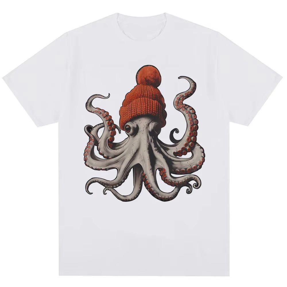 90s Vintage T Shirts Funny Octopus Wearing Beanie Printed TShirt N Fashion Oversized Cotton Casual ONeck Tshirts Unisex