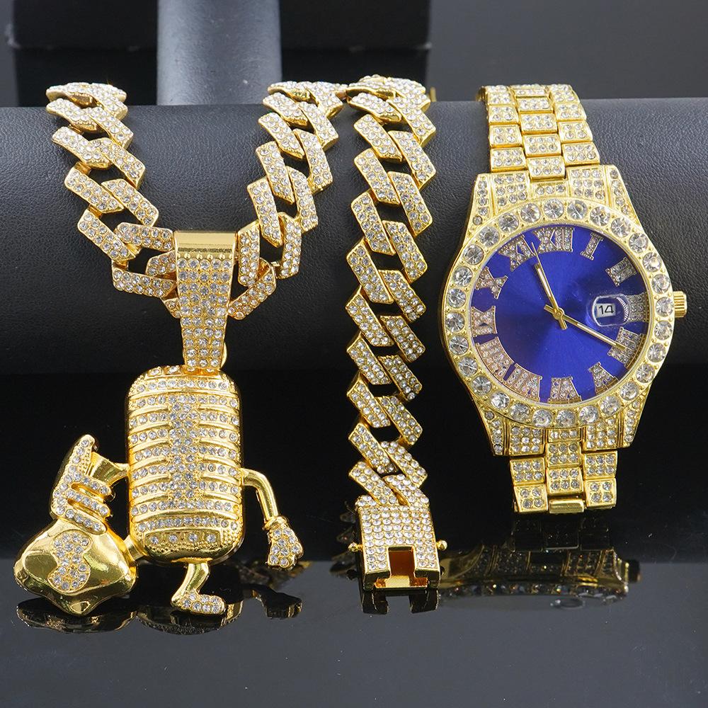 Hot Selling Cartoon Microphone, Money Bag Pendant, Diamond Cuban Chain Necklace, Bracelet, Men's Watch Set in Europe and America