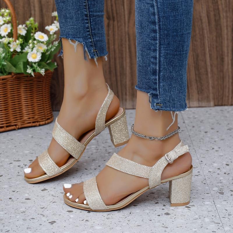 

Women s Chunky Sequined Leather High Heels Sandals Female Buckle Fashion Strap Slingbacks Pumps Woman Leather Chunky Heels Shoes
