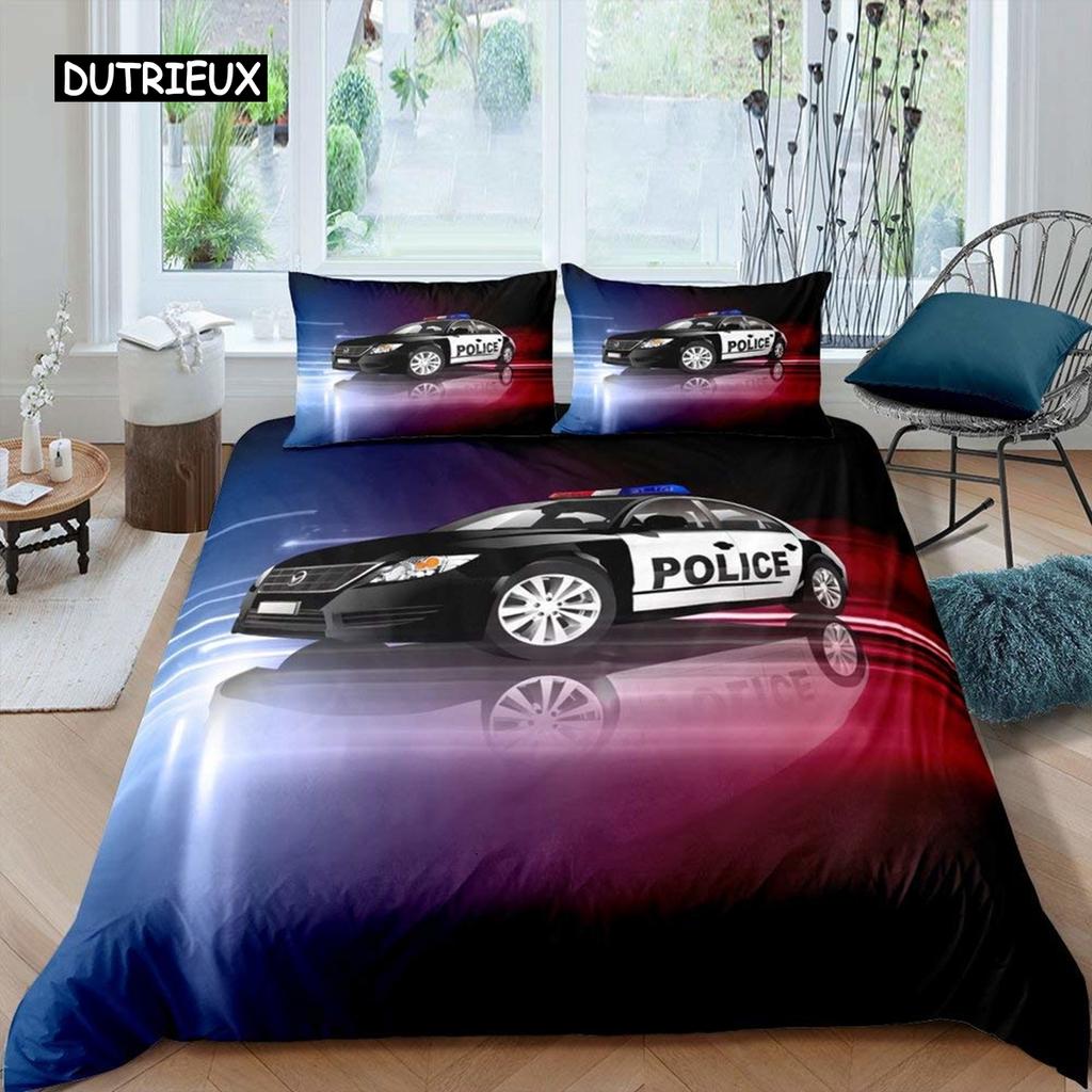 Polizeiauto Bettbezug Cartoon Auto Blaulicht Bettwäscheset Kinder Jungen Blau Grau Einsatzfahrzeuge Polyester Deko