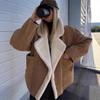Women Winter Faux Shearling Jacket, Vintage Loose Lapel Faux Fur Lined Coat, Warm Thick Fleece Suede Fashion Outerwear for Ladies