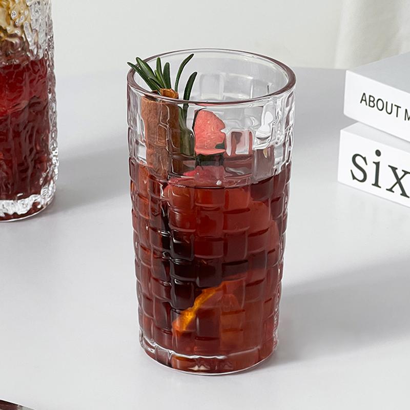 14.1oz 410ml Glass for Woman Relief Diamond Water Cup  Rattan Woven Pattern Glass Cup Cocktail Glasses Drinkware Beverage Mug