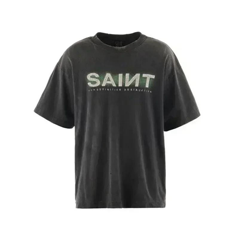 2025 Summer High Quality Cotton Classic Logo Graphics Print Saint Tshirt Unisex Unisex Vintage Washed Black T Shirt Loose Tee