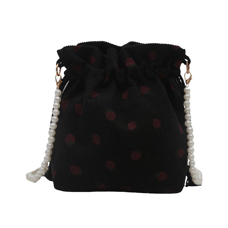 Sweet and Cute Strawberry Printed Bucket Bag Beaded Shoulder Strap Corduroy Exquisite Foreign Versatile Single Shoulder Messenger Women's Bag