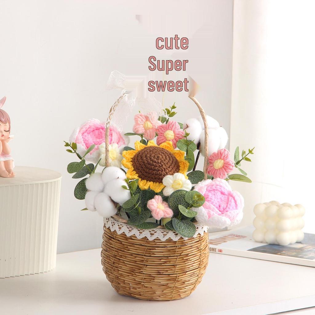 Sonnenblumen Gestrickter Wollstrauß in Handkorb - Geburtstag, Feiertag, Lehrertag, Abschlussgeschenk