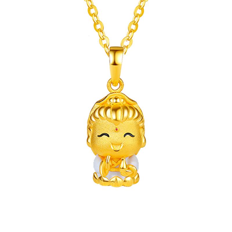 Vietnamese Gold-Plated Buddha & Guanyin Pendant Necklace - Enamel Ingot God of Wealth Design for Men and Women