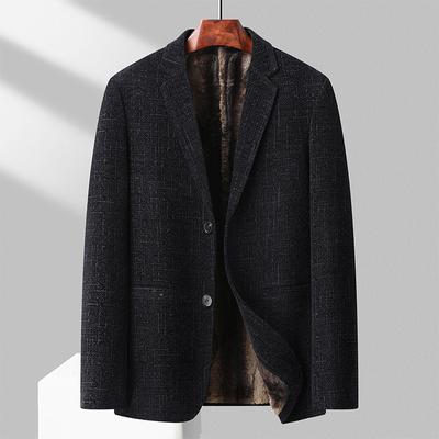 Herren Freizeitanzug Herbst und Winter Mittleren Alters Business Single-Western Unifarben Verdicktes Futter Trendiger Anzug Warme Jacke