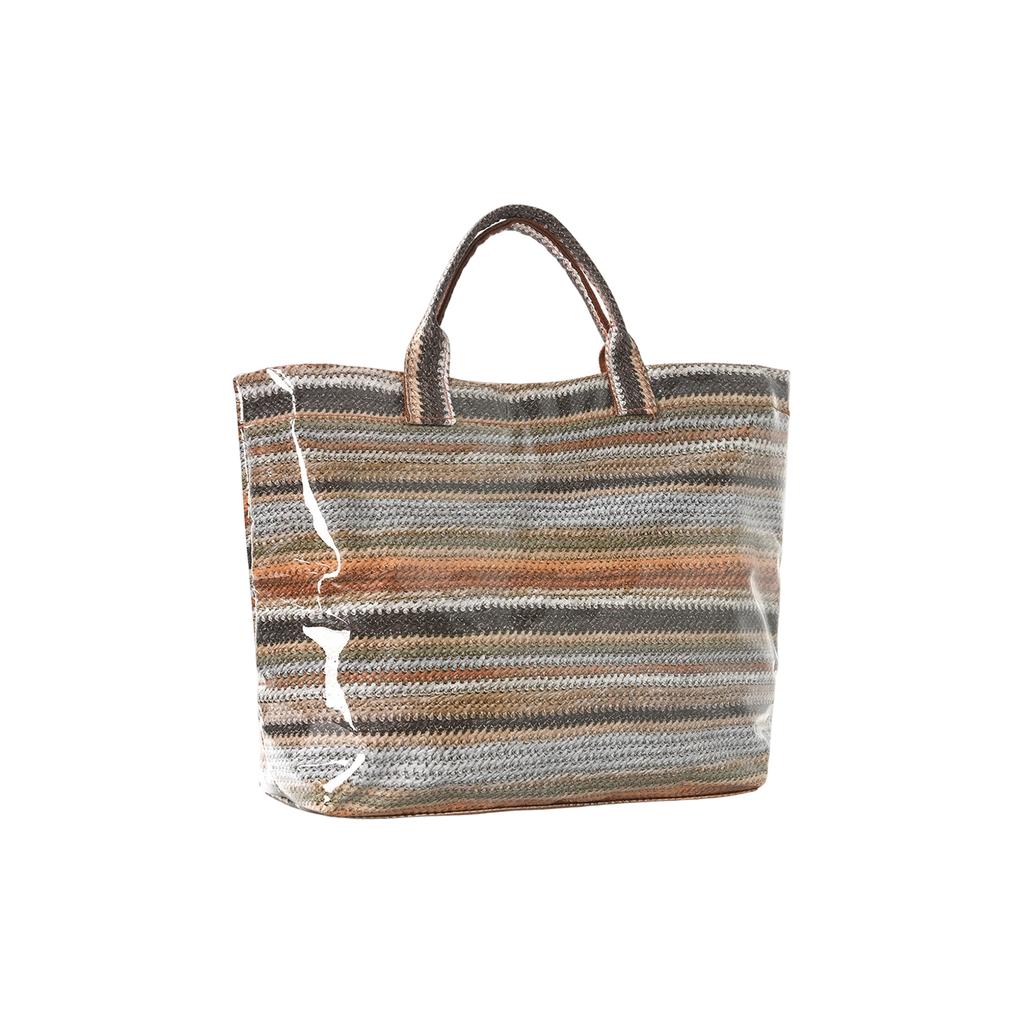 Shiny Bag Retro Stripe Woven Handle Large Capacity Beach Bag