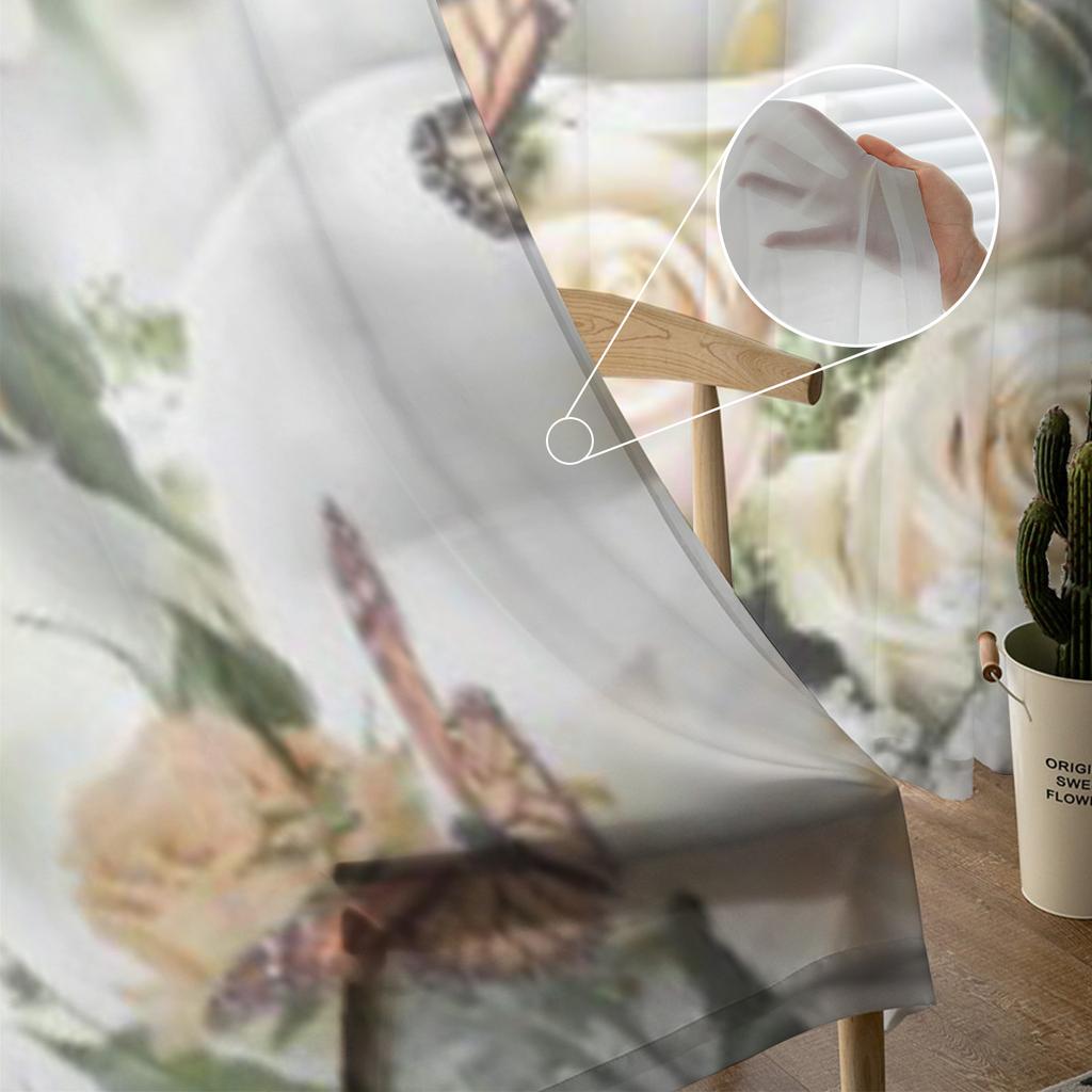 Gelbe Rosen und weiße Calla-Lilien, Schmetterlings-Blume, transparente Tüllvorhänge für Wohnzimmer, Küche, Dekor, Voile-Organza-Vorhang