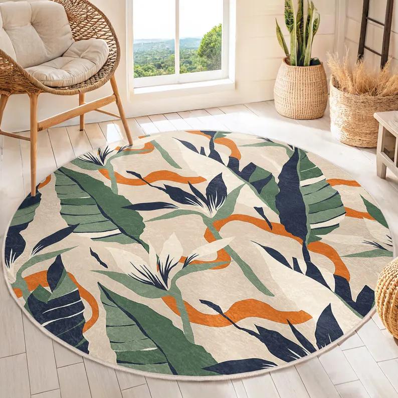 Tropical Leaf Round Rug Boho Plant Print Carpet Stylish Contemporary Abstract Round Floormat for Living Room Bedroom Terrace