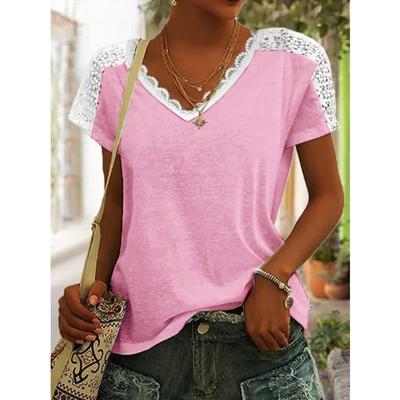 Summer Women's T-shirt V-neck Lace Splicing Short Sleeve Top