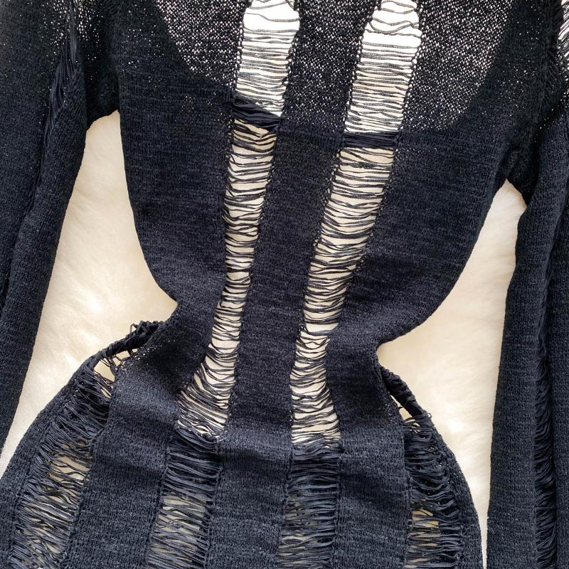 Abito lavorato a maglia senza schienale elegante scava fuori Abito da donna elegante a maniche lunghe sexy Mini abiti a matita Abito coreano sottile di moda di base sottile femminile 2024
