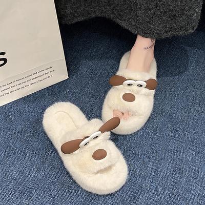 Fashion Cartoon Dog Slipper for Women Winter Indoor Warm Faux Fur Shoes Flip Flops Cute Animals Plush Platform Ladies Home Slippers