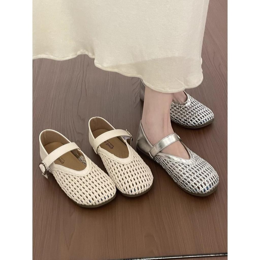 Mary Jane Fisherman Shallow Mouth Single Shoes Women's New Flat Bottom Mesh Hollow Woven Sandals Hole Small Leather Shoes