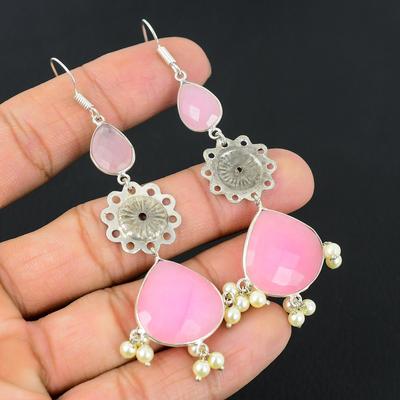 Pink Chalcedony Gemstone 925 Sterling Silver Dangle Drop Sister Earrings Jewelry