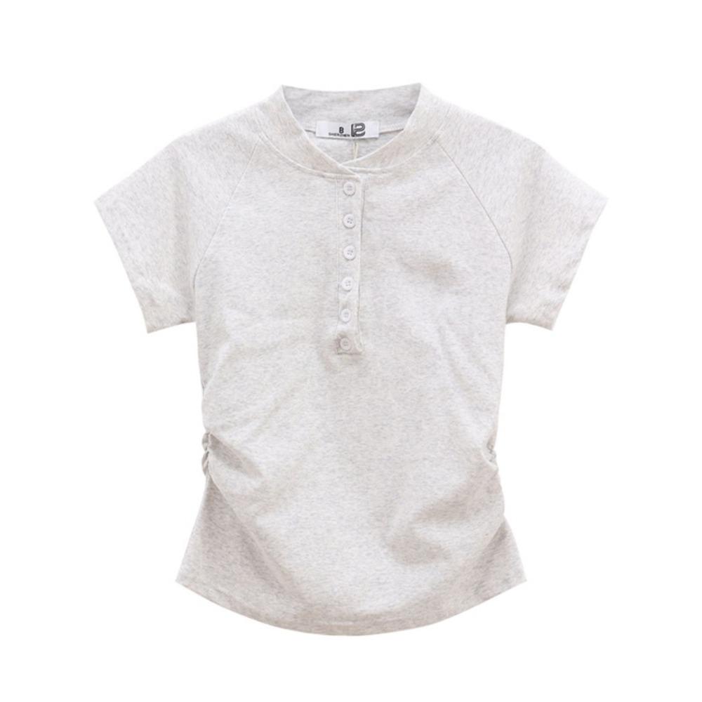 

Pullover Short Sleeve Crop Top Y2K Simple T-shirts Women Simple Half Open Collar T Shirt Girls M серый