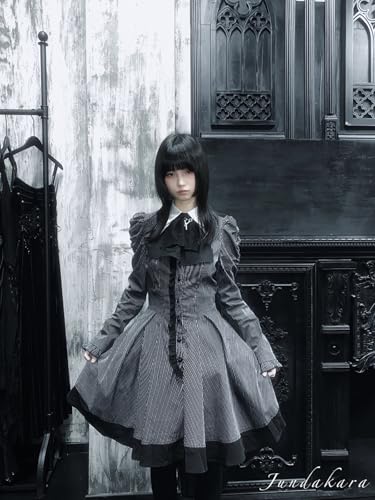 [Jundakara] Gothic Striped Dress for Women, Long Sleeves, Short Length, Cute and Dark Style, Detachable Ribbon, A-Line, Classical Fashion, Gothic Loli