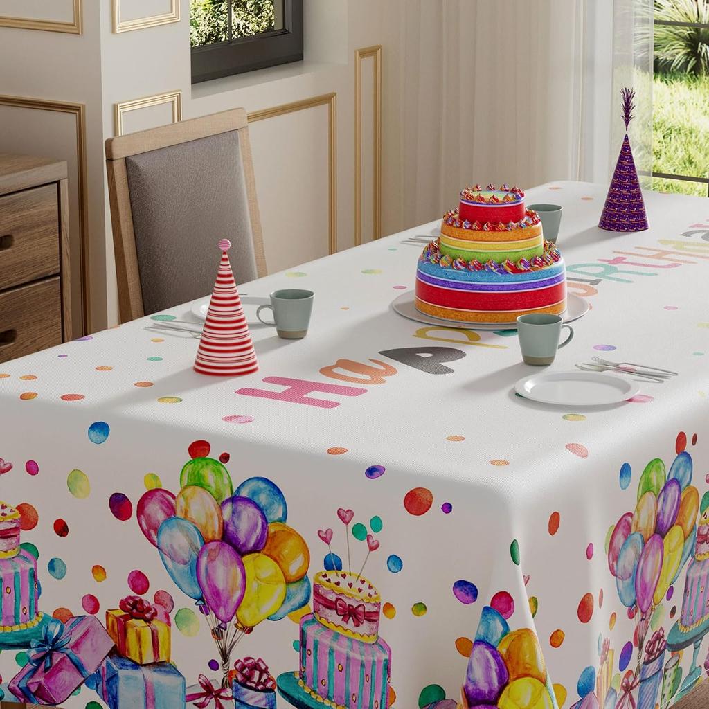 XCHI Happy Birthday Cake Gifts Colorful Balloons White Tablecloth Rectangle Washable Table Covers for Indoor Outdoor Dining Table Home Party