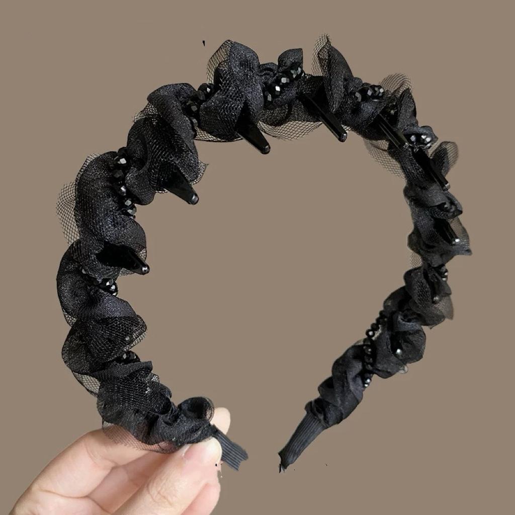 Women French Sparkling Pearl Wavy Headband, High Skull Top Toothed Hair Band, Non-slip External Wear Pressure-Reducing Hair Accessory