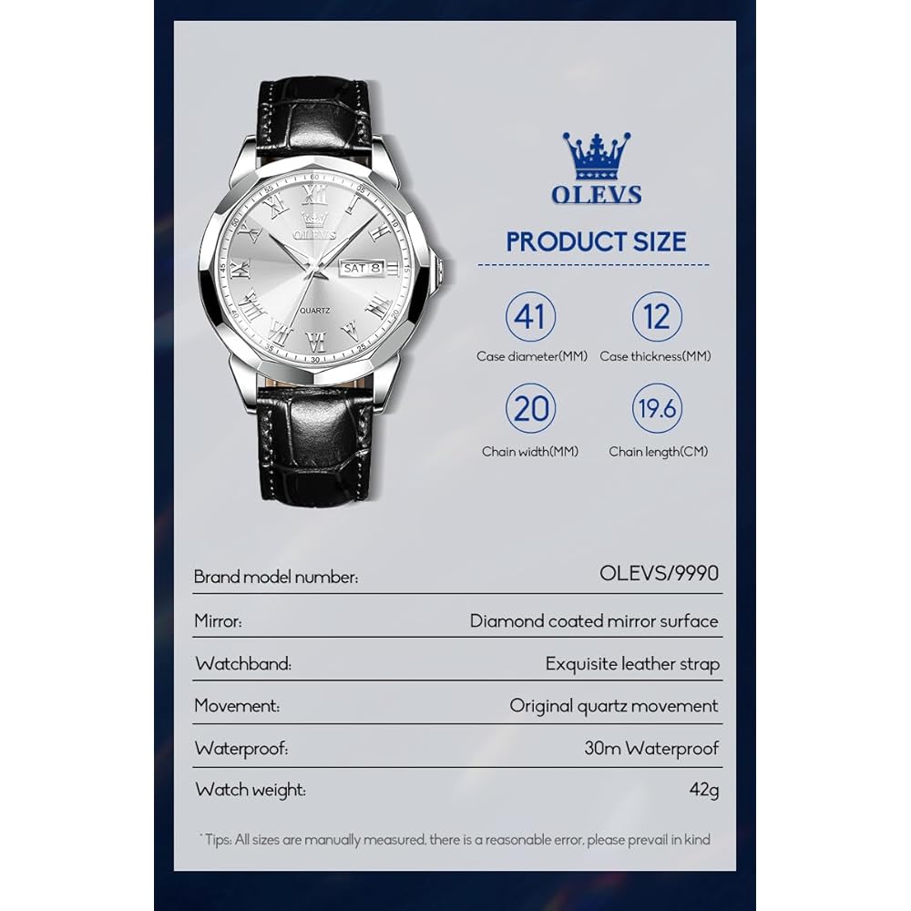 OLEVS Men's Analog Quartz Watch Black Waterproof Leather Strap Simple Design Silver Dial Date Display