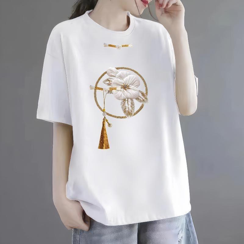 Short sleeved printed T-shirt for women, loose fitting, stomach covering, fashionable and versatile top