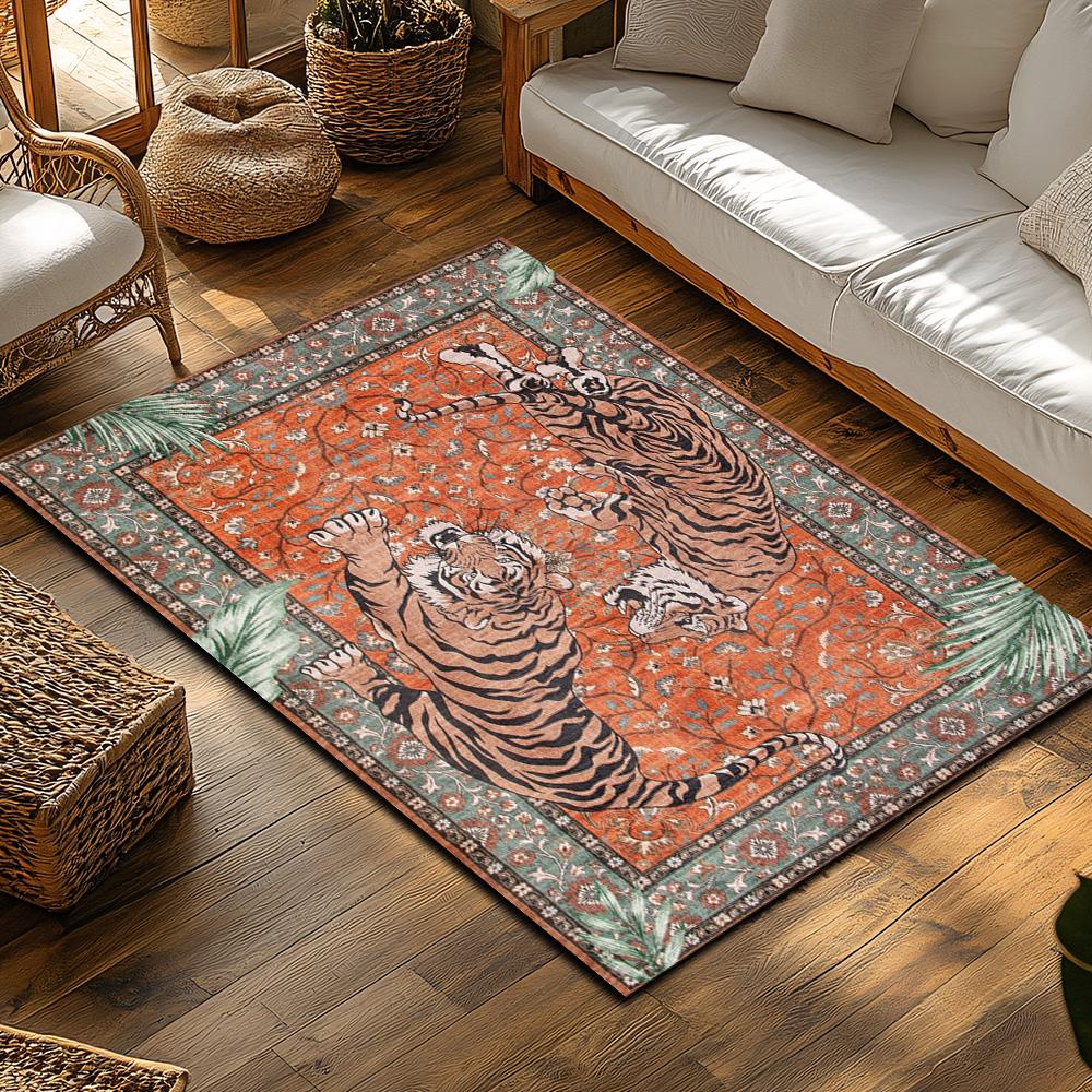 Orange Red Tiger Pattern Bohemian Rug, Ethnic Border Non-Slip Carpet, Plush Living Room Mat for Jungle Theme Decor