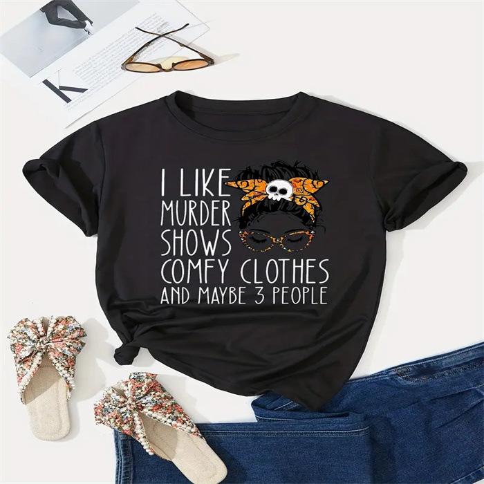 Reines Baumwoll-T-Shirt mit Buchstabenmusterdruck Sommer Kurzarm O-Ausschnitt Lustige Damen-T-Shirts