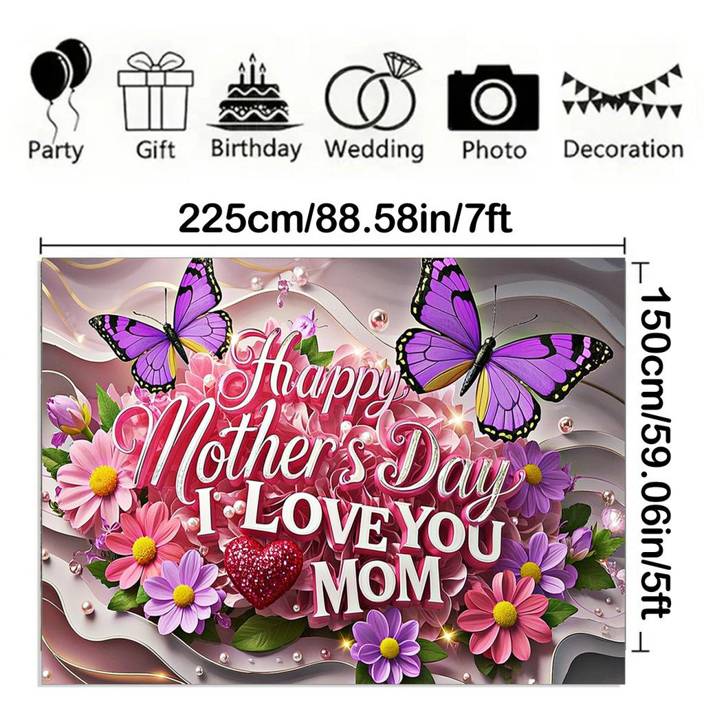 Mother's Day Floral Backdrop with Floral&Butterfly Element Design,Wall Decor,Gift,Festive Wall Covering,Rustic Background