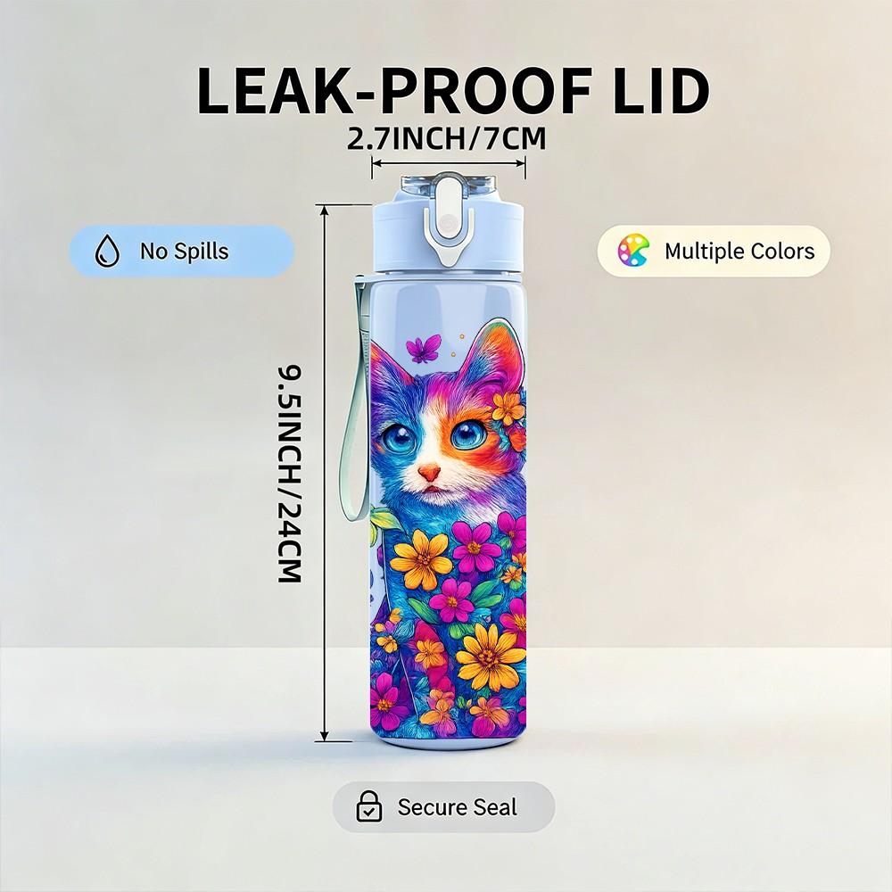 1PC Colorful Cat Psychedelic Art Print 750ml Color Plastic Sports Water Bottle Leakproof Flip Straw Lid Suitable for Sports Office Home Use