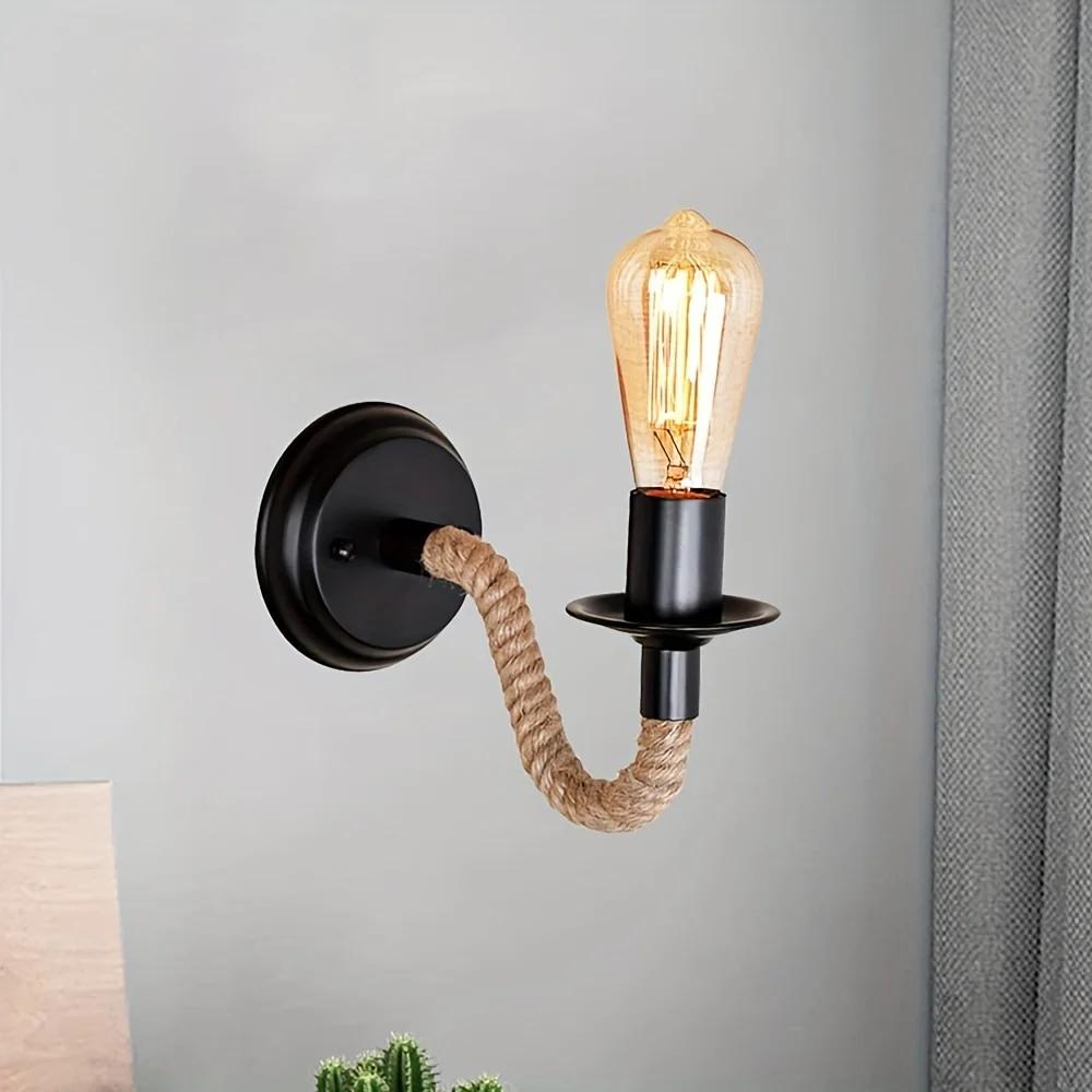 Duvar Aplik Vintage Kenevir Halat Duvar Lambası Ahşap Duvar Lambası E27 İç Mekan Loft Dış Mekan Duvar Endüstriyel Lamba Duvar Aydınlatmaları (Ampul Yok)
